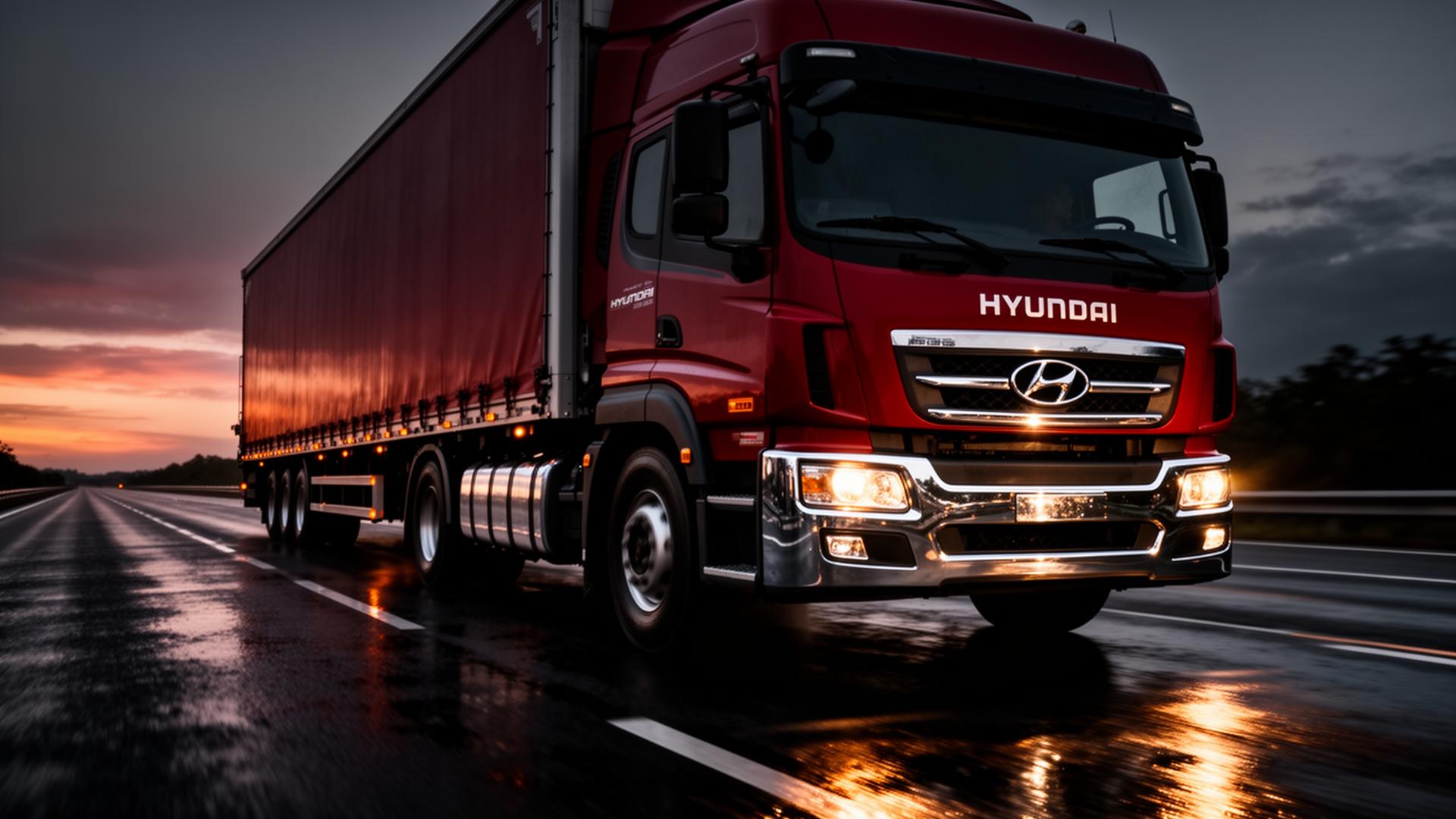 Xe tải Hyundai trên đường lúc hoàng hôn